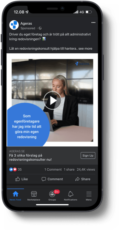 Ageras annonce i Facebook-feed